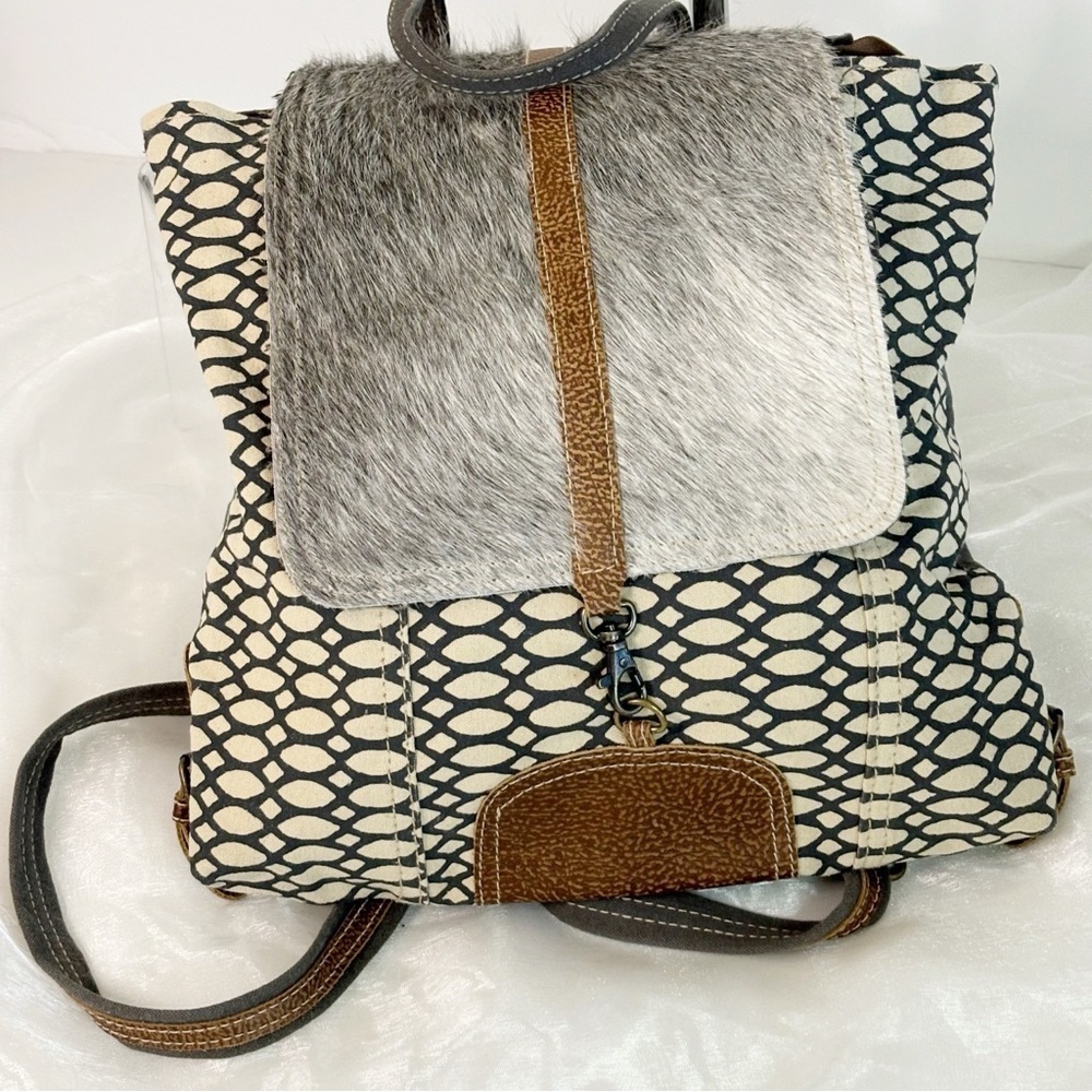 Myra Bag Gray Patterned Leather & Brown Trim Backpack - Picture 3 of 6